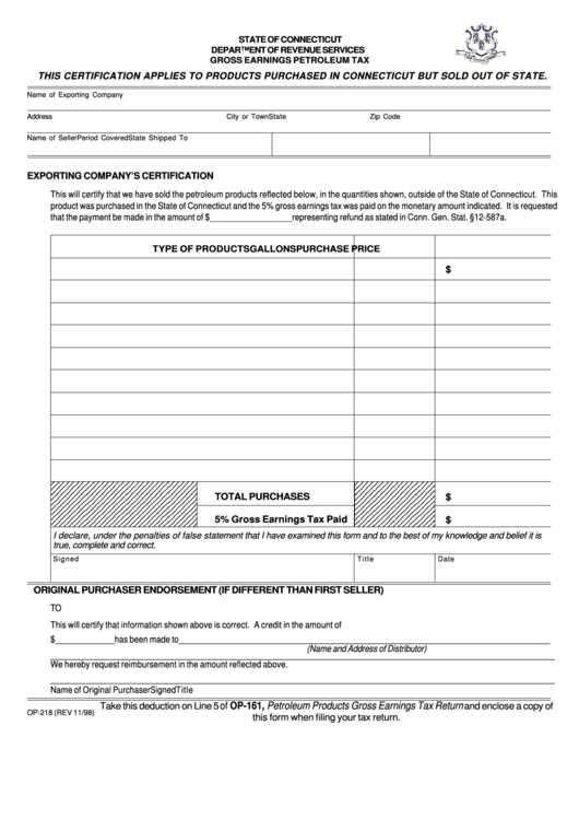 Fillable Form Op-218 - Gross Earnings Petroleum Tax Printable pdf