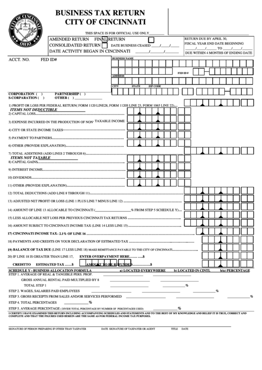 Business Tax Return Form - City Of Cincinnati, Ohio Printable pdf