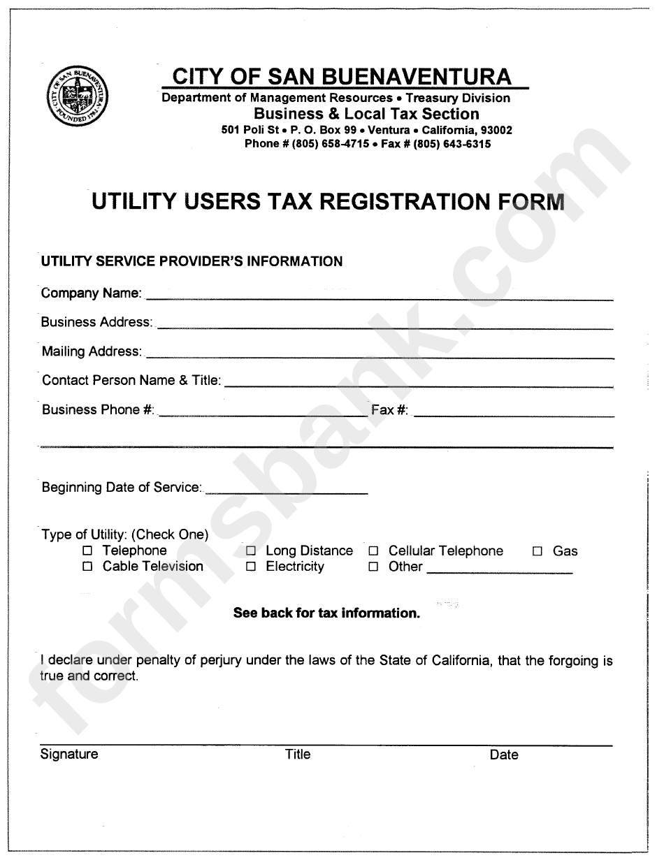 Utility Users Tax Registration Form - City Of Buenaventura Department Of Management Resources