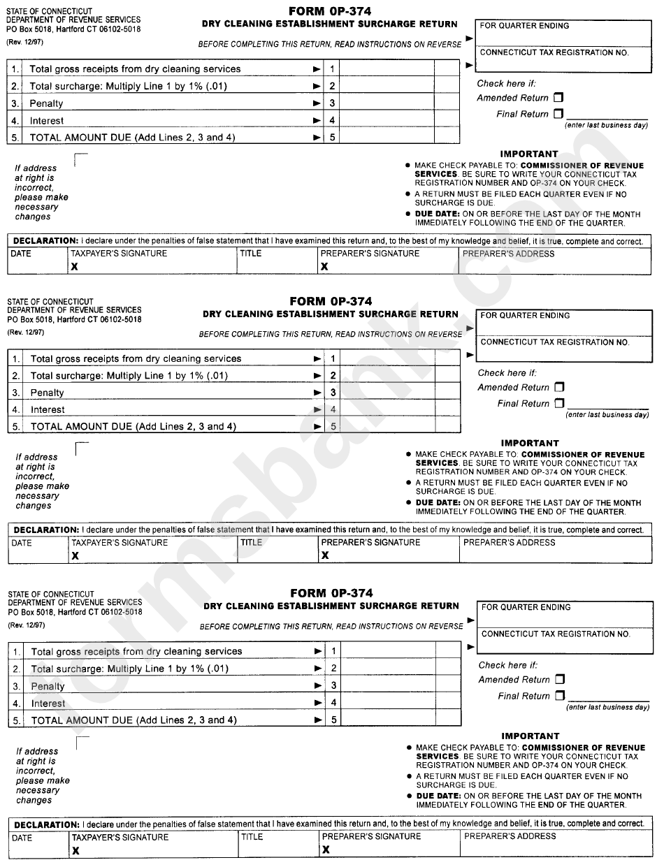Form Op-374 - Dry Cleaning Establishment Surcharge Return - State Of Connecticut