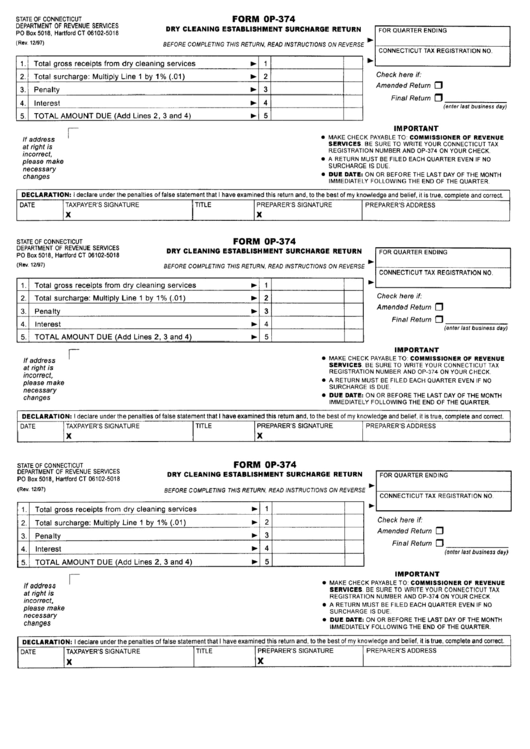 Fillable Form Op-374 - Dry Cleaning Establishment Surcharge Return - State Of Connecticut Printable pdf