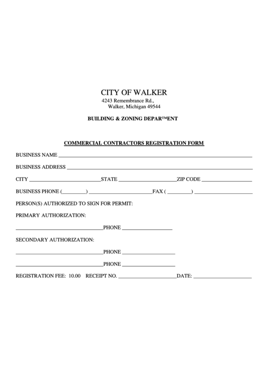 Commercial Contractors Registration Form - City Of Walker, Michigan Building & Zoning Department Printable pdf