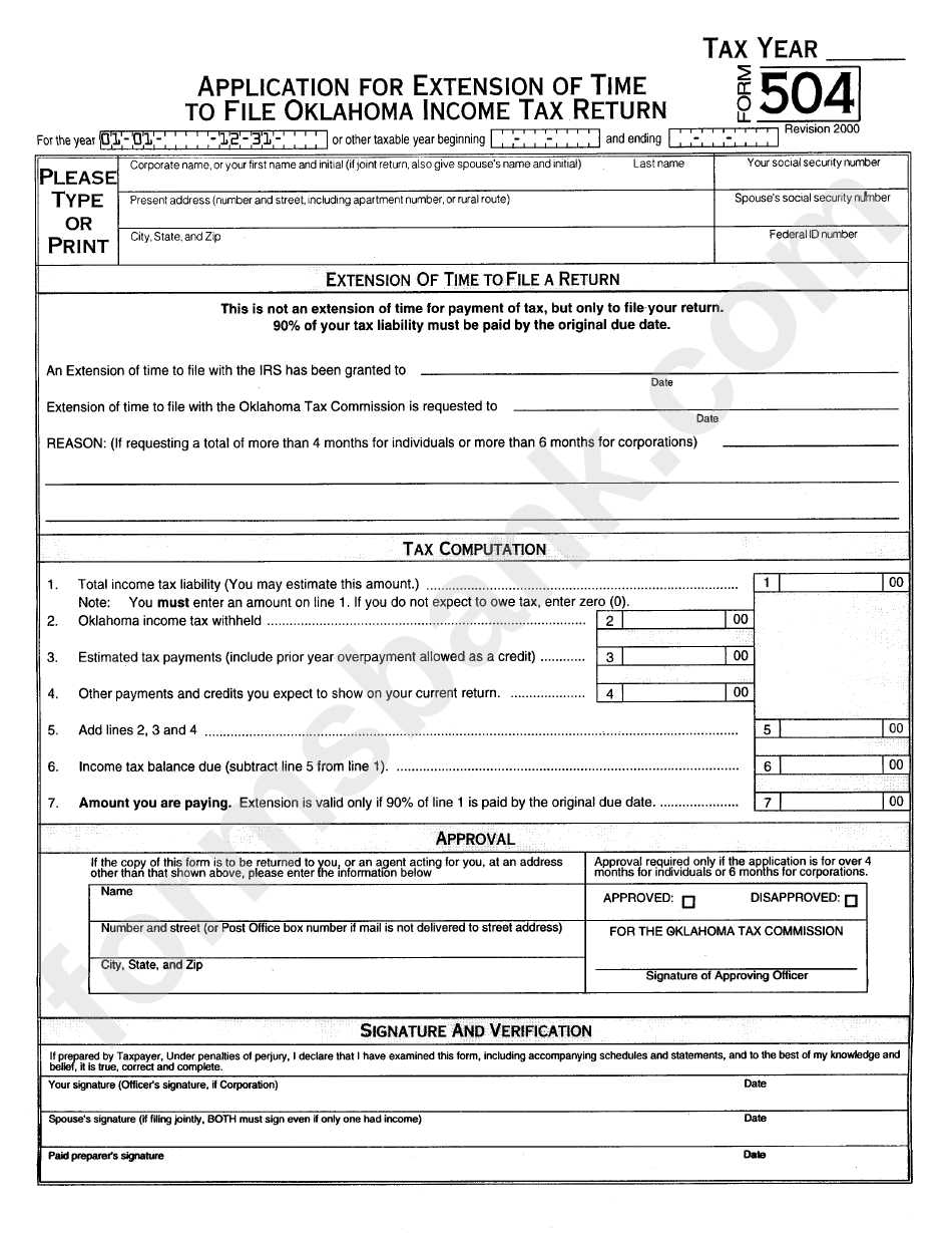 Form 504 - Application For Extension Of Time To File Oklahoma Income Tax Return - 2003