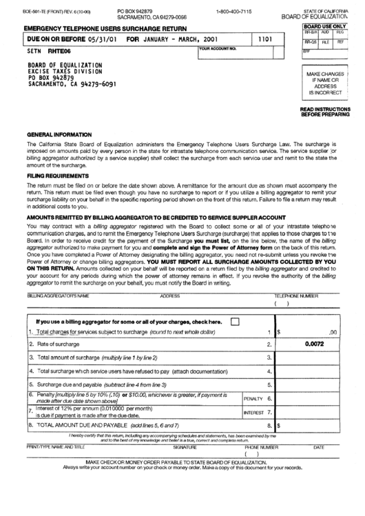 Form Boe-501-Te - Emergency Telephone Users Surcharge Return - 2001 Printable pdf