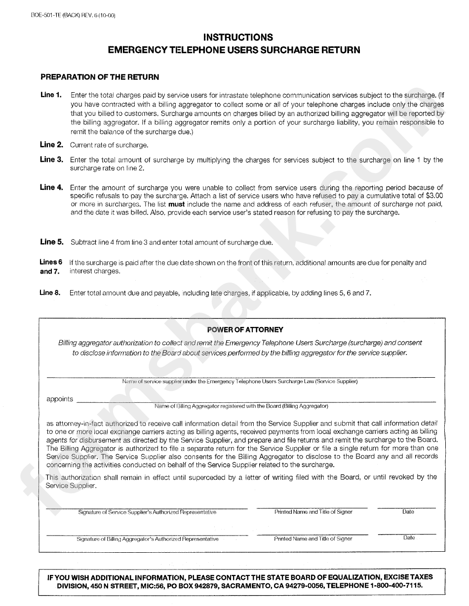 Form Boe-501-Te - Emergency Telephone Users Surcharge Return - 2001