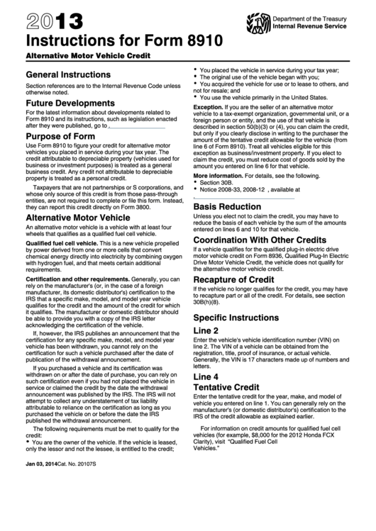 Instructions For Form 8910 - Alternative Motor Vehicle Credit - 2013 Printable pdf