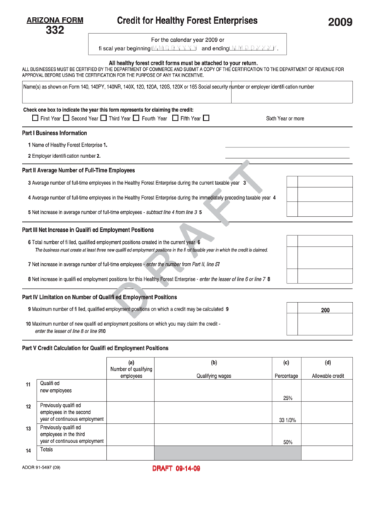Form 332 Draft - Credit For Healthy Forest Enterprises - 2009 Printable pdf