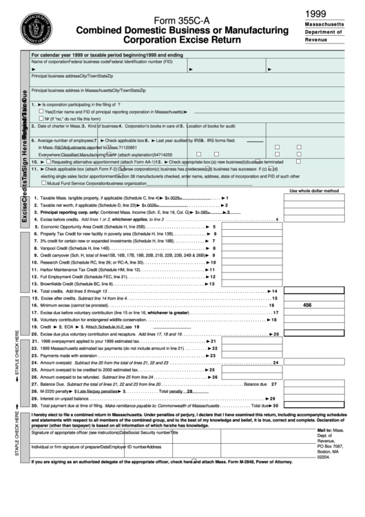 Form 355c-A - Combined Domestic Business Or Manufacturing Corporation Excise Return - 1999 Printable pdf