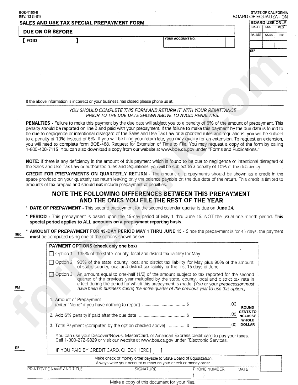 Form Boe-1150-B - Sales And Use Tax Special Prepayment