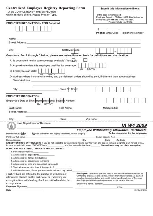 Form Ia W-4 - Employee Withholding Allowance Certificate - 2009 Printable pdf