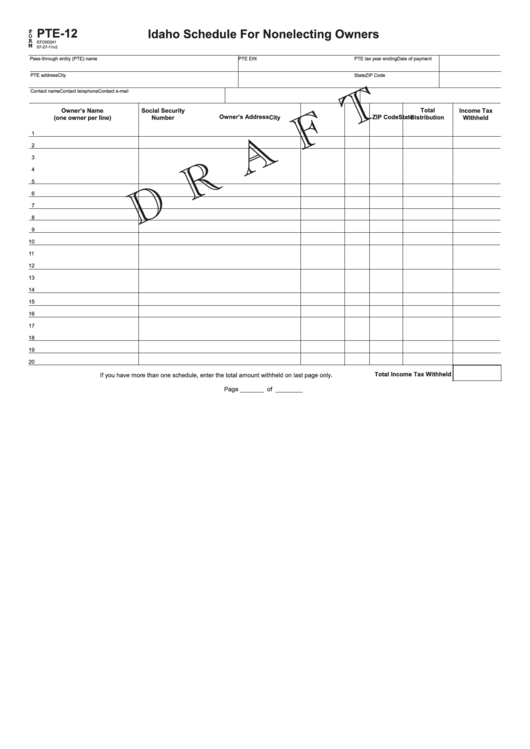 Form Pte-12 Draft - Idaho Schedule For Nonelecting Owners Printable pdf