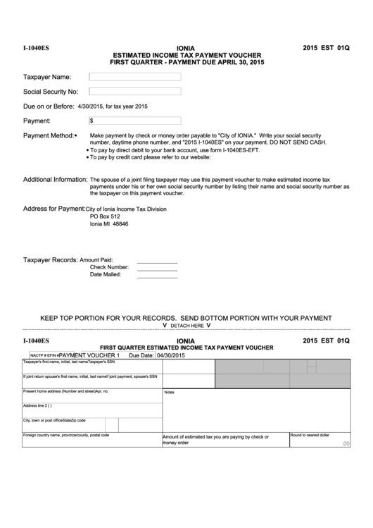 Form I-1040es - Ionia Estimated Income Tax Payment Voucher (2015) Printable pdf