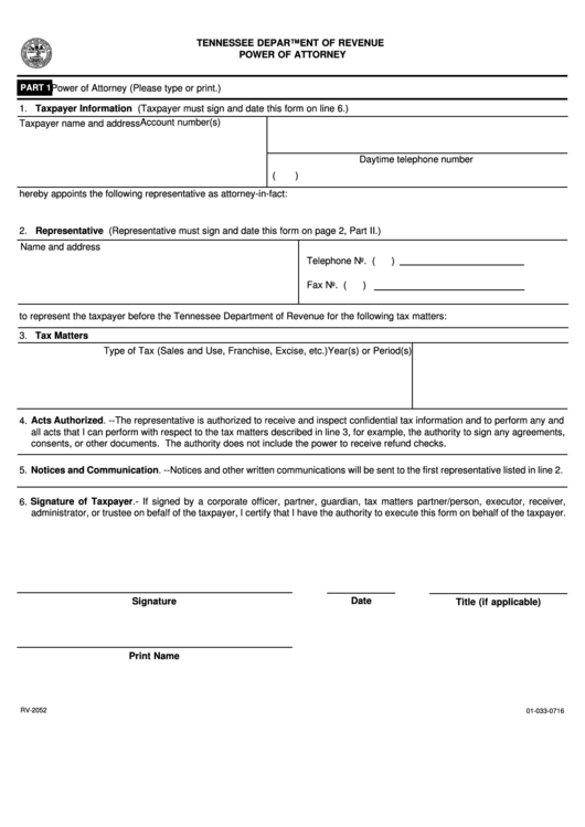 Fillable Form Rv-2052 - Tennessee Department Of Revenue Power Of Attorney Printable pdf