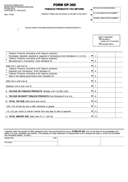 Fillable Form Op-300 - Tobacco Products Tax Return - Connecticut Department Of Revenue Services Printable pdf