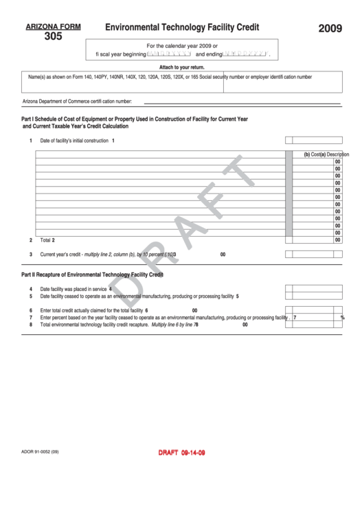Arizona Form 305 Draft - Environmental Technology Facility Credit - 2009 Printable pdf