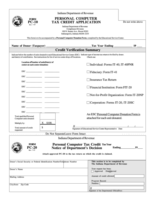 Fillable Form Pc10 - Personal Computer Tax Credit Application - Indiana Department Of Revenue Printable pdf
