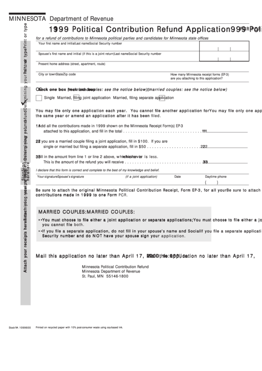 Fillable Form Pcr - 1999 Political Contribution Refund Application - Minnesota Department Of Revenue Printable pdf