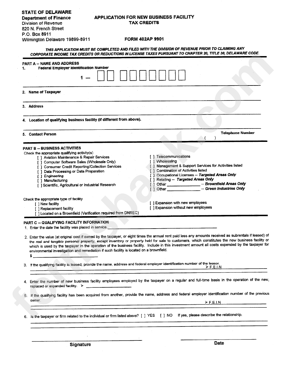 Form 402ap 9901 - Application For New Business Facility Tax Credits - Delaware Tax Forms