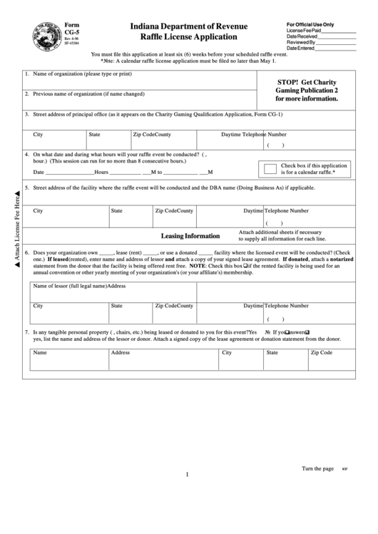 Fillable Form Cg-5 - Raffle License Application - Indiana Department Of Revenue Printable pdf