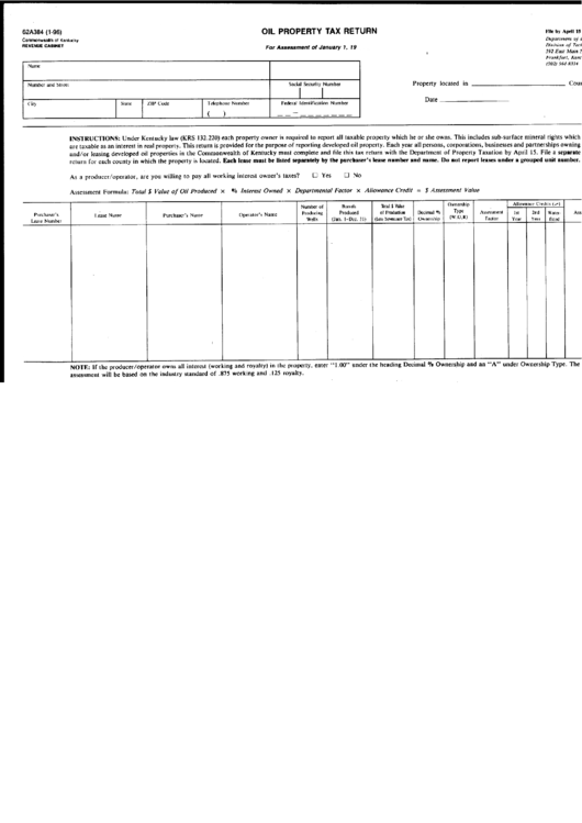 Form 62a384 - Oil Property Tax Return - Kentucky Revenue Cabinet Printable pdf