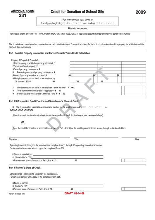 Form 331 Draft - Credit For Donation Of School Site - 2009 Printable pdf
