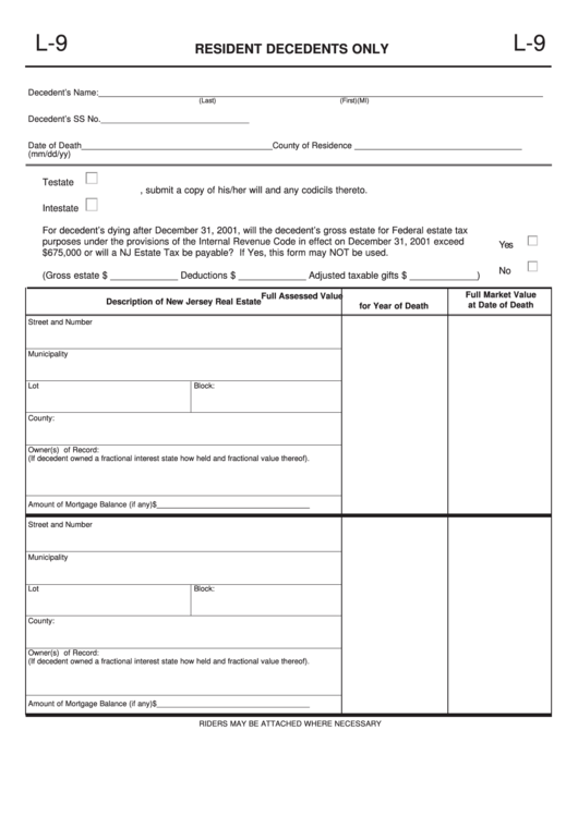 Form L-9 - Resident Decedents Only - New Jersey Department Of The Treasury Printable pdf