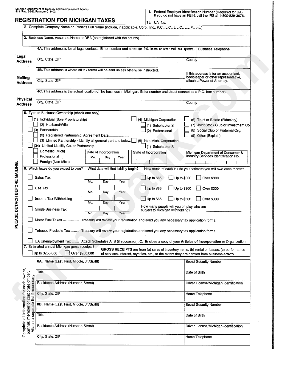 Form 518 - Registration For Michigan Taxes - Michigan Department Of Treasury And Unemployment Agency