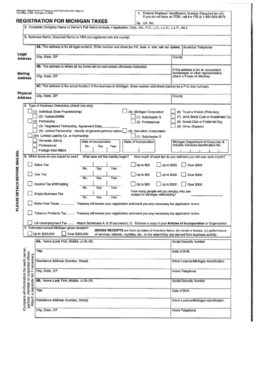 Form 518 - Registration For Michigan Taxes - Michigan Department Of Treasury And Unemployment Agency Printable pdf