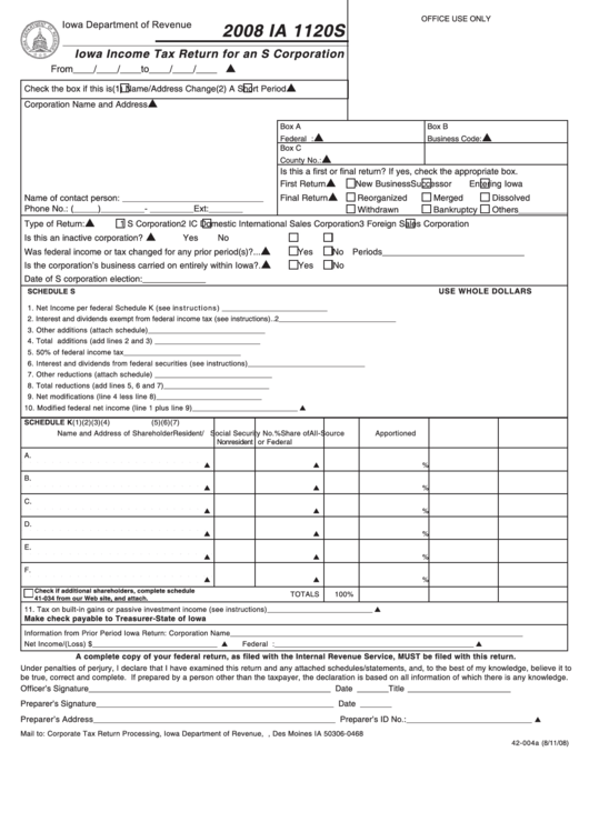 Form Ia 1120s - Iowa Income Tax Return For An S Corporation/schedule K-1 - Nonresident Shareholder Only/etc. - 2008 Printable pdf