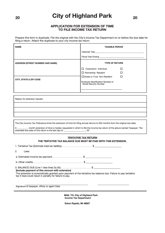 Application For Extension Of Time To File Income Tax Return Form - City Of Highland Park Printable pdf