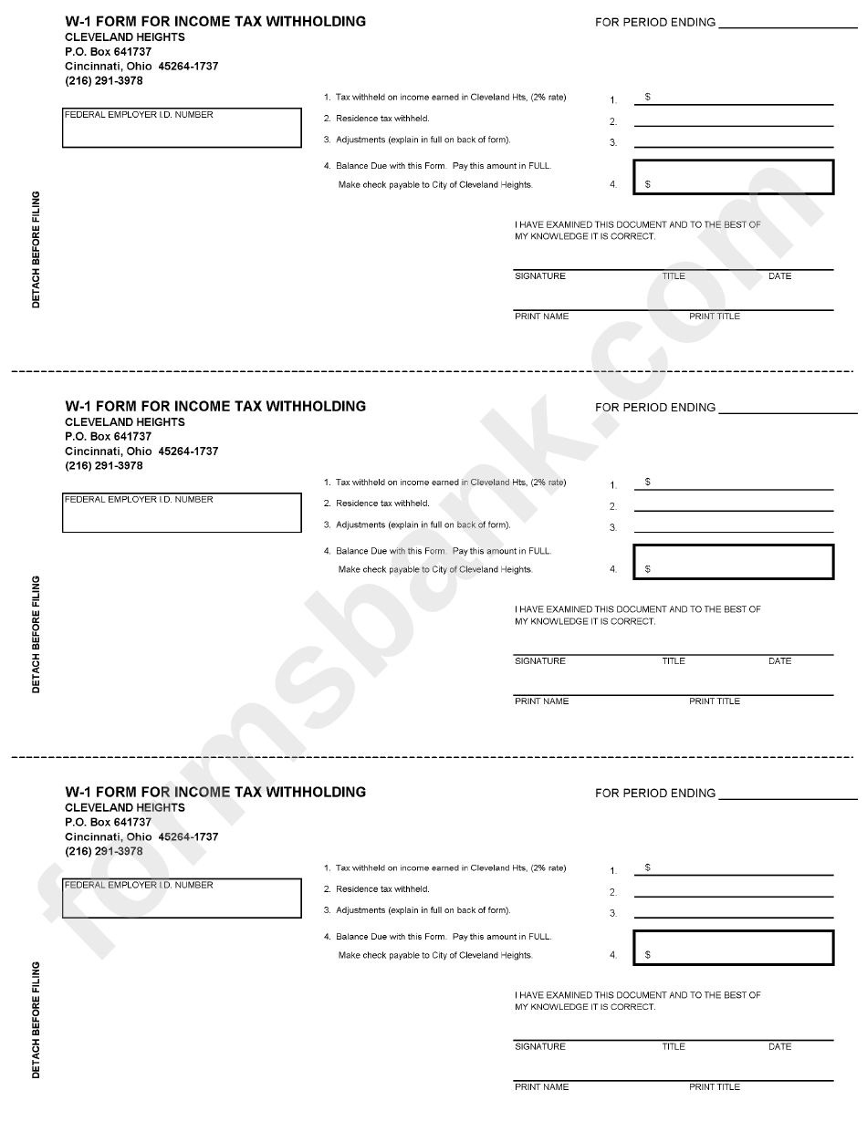 Form W-1 - City Of Cleveland Heights, Ohio Income Tax Withholding