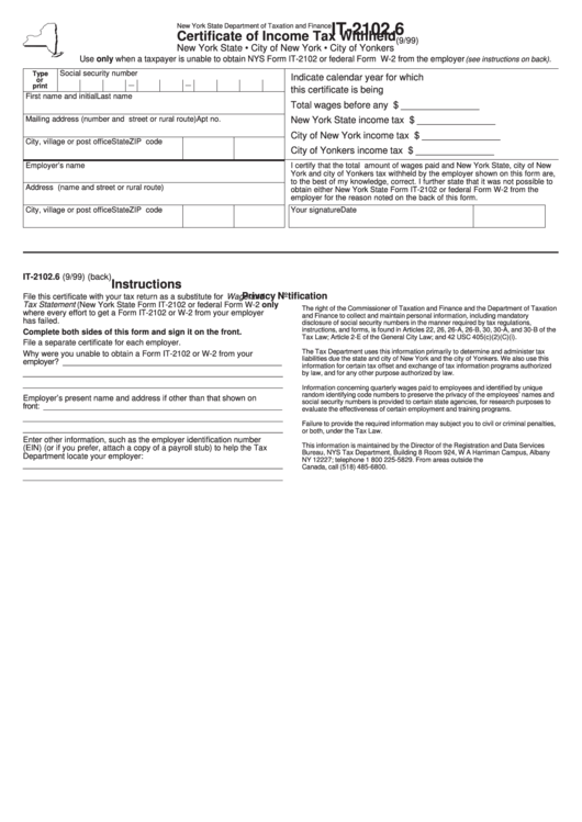 Form It-2102.6 - Certificate Of Income Tax Withheld Printable pdf
