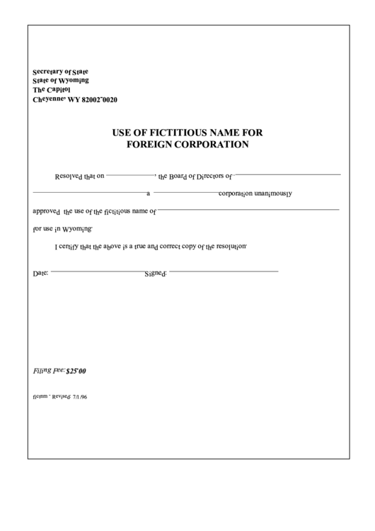 Use Of Fictitious Name For Foreign Corporation - Wyoming Secretary Of State - 1996 Printable pdf
