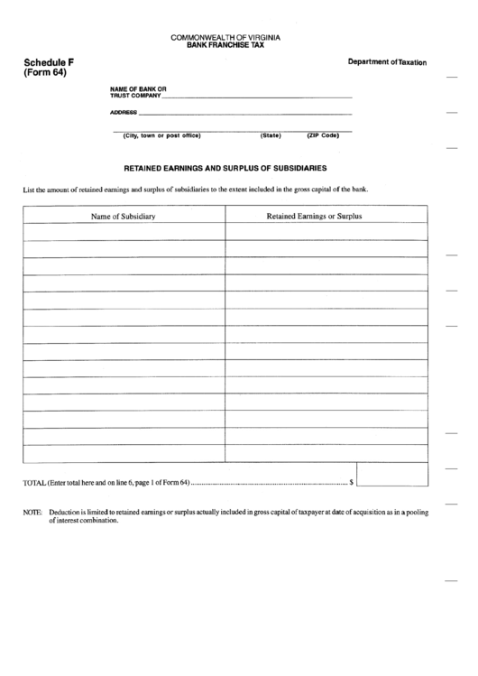 Form 64 - Schedule F - Bank Franchise Tax Printable pdf