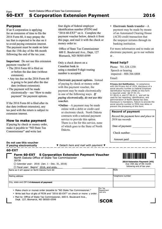 Fillable Form 60-Ext - S Corporation Extension Payment Voucher - 2016 Printable pdf