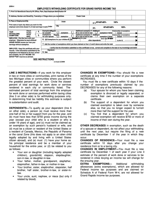 Form Grw-4 - Employee'S Withholding Certificate For Grand Rapids Income ...