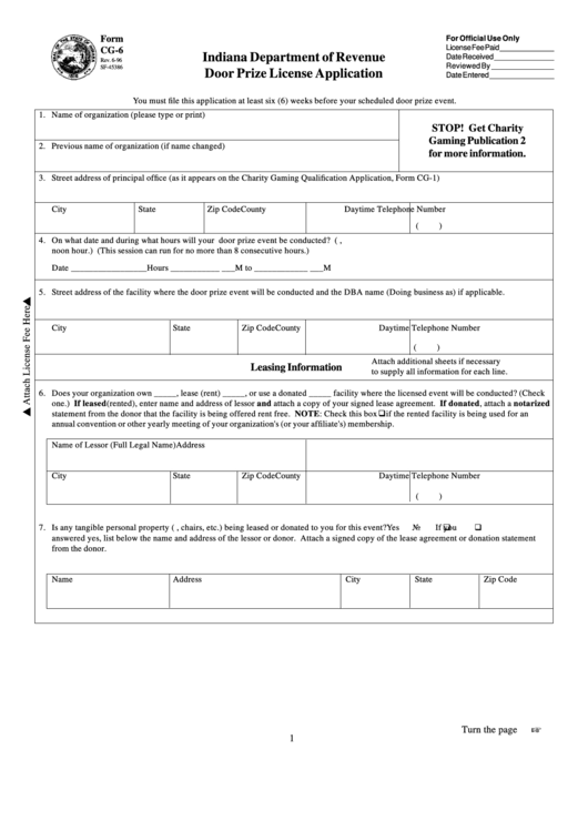 Fillable Form Cg-6 - Door Prize License Application - Indiana Department Of Revenue Printable pdf