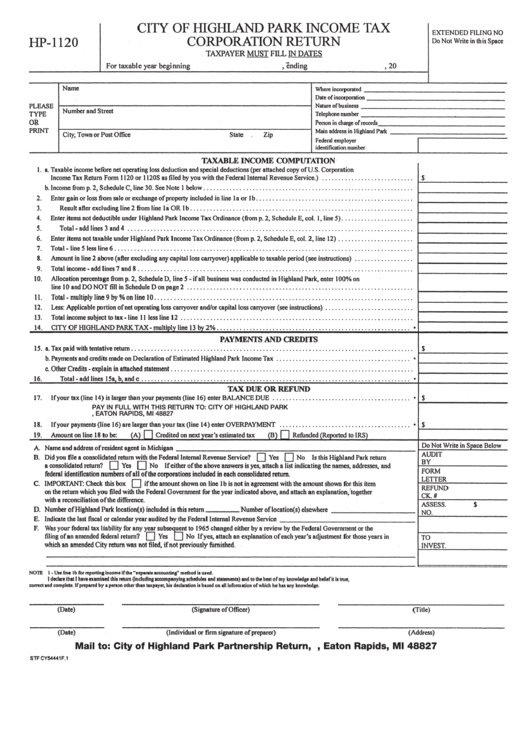 Form Hp-1120 - City Of Highland Park Income Tax Corporation Return Printable pdf