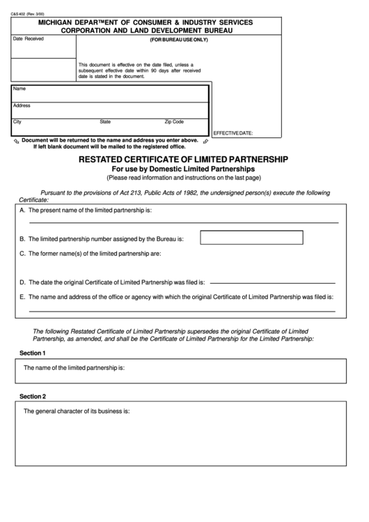 Fillable Form C&s 402 - Restated Certificate Of Limited Partnership For Use By Domestic Limited Partnerships - 2000 Printable pdf