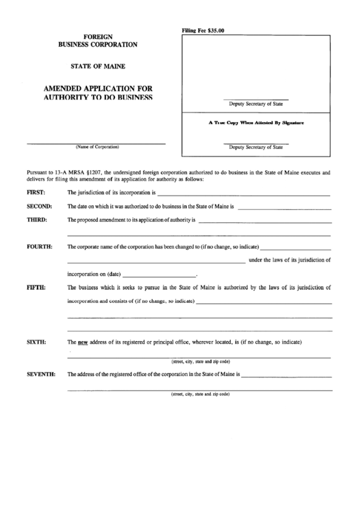 Form Mbca-12a - Amended Application For Authority To Do Business - Maine Secretary Of State Printable pdf