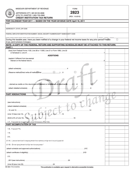 Form 2823 - Credit Institution Tax Return - 2010 Printable pdf