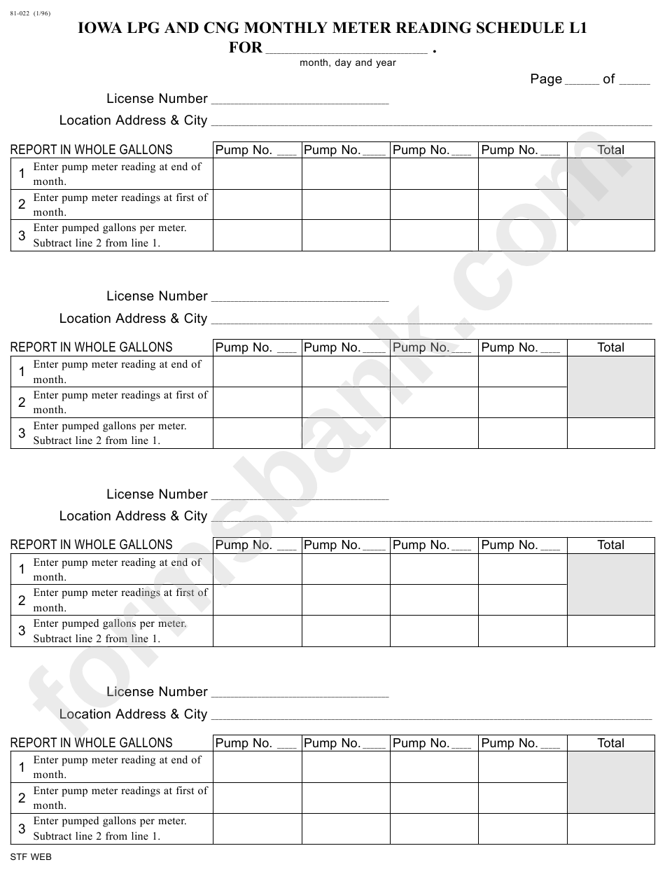 Form 81-022 - Schedule L1 - Iowa Lpg And Cng Monthly Meter Reading