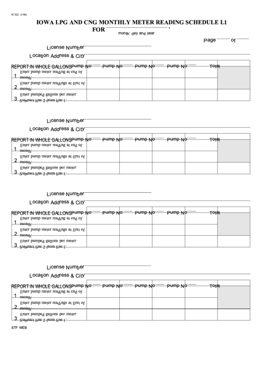 Form 81-022 - Schedule L1 - Iowa Lpg And Cng Monthly Meter Reading Printable pdf