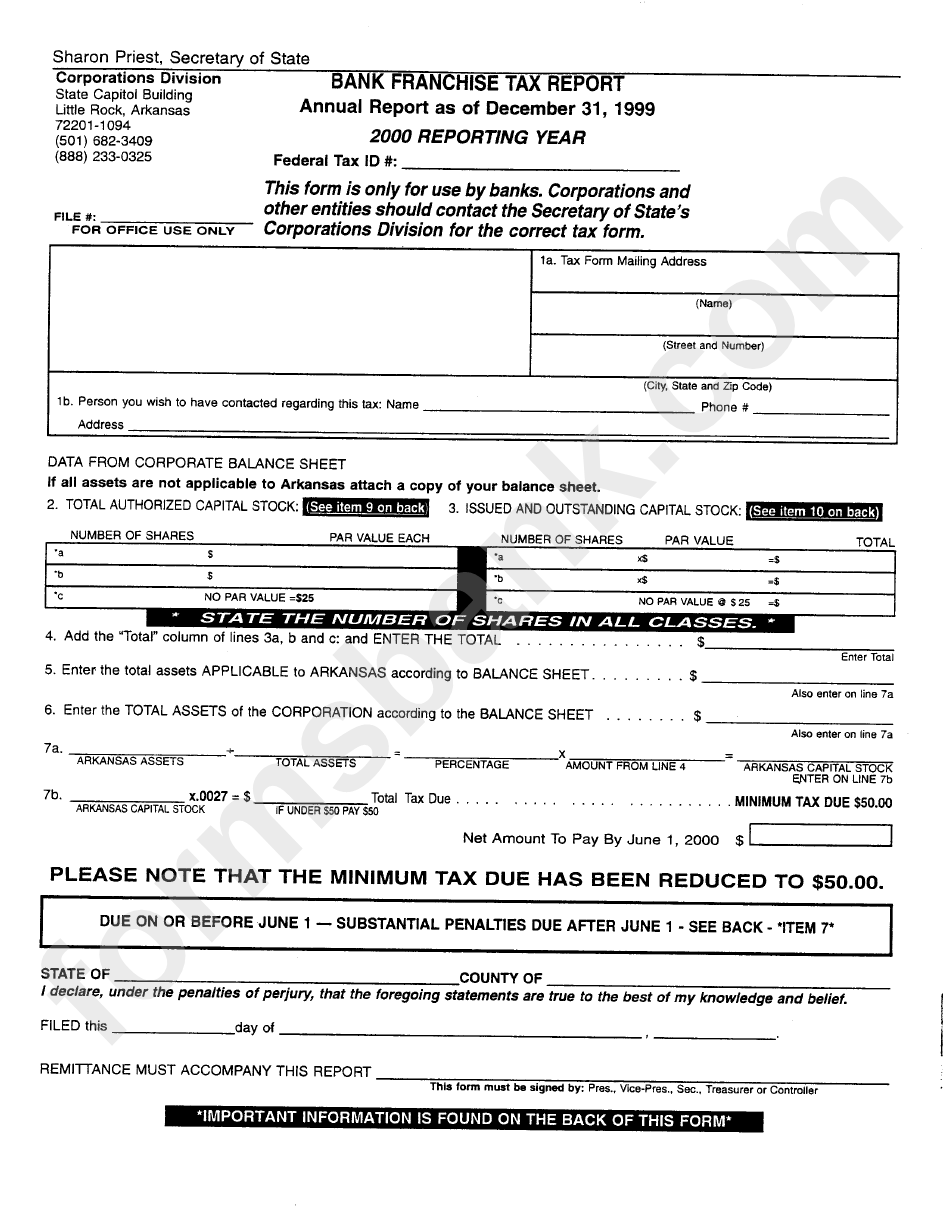 Bank Franchise Tax Report 2000 Reporting Year Arkansas Secretary Of