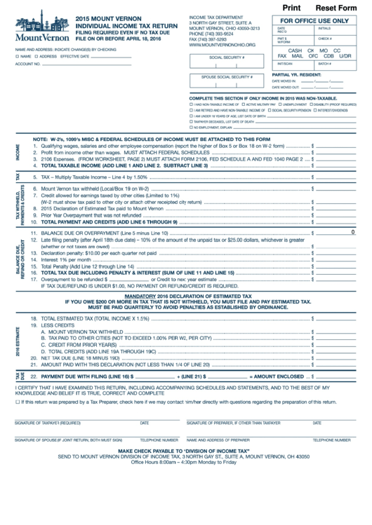 Fillable Mount Vernon Individual Income Tax Return - Mount Vernon, Ohio Income Tax Department - 2015 Printable pdf