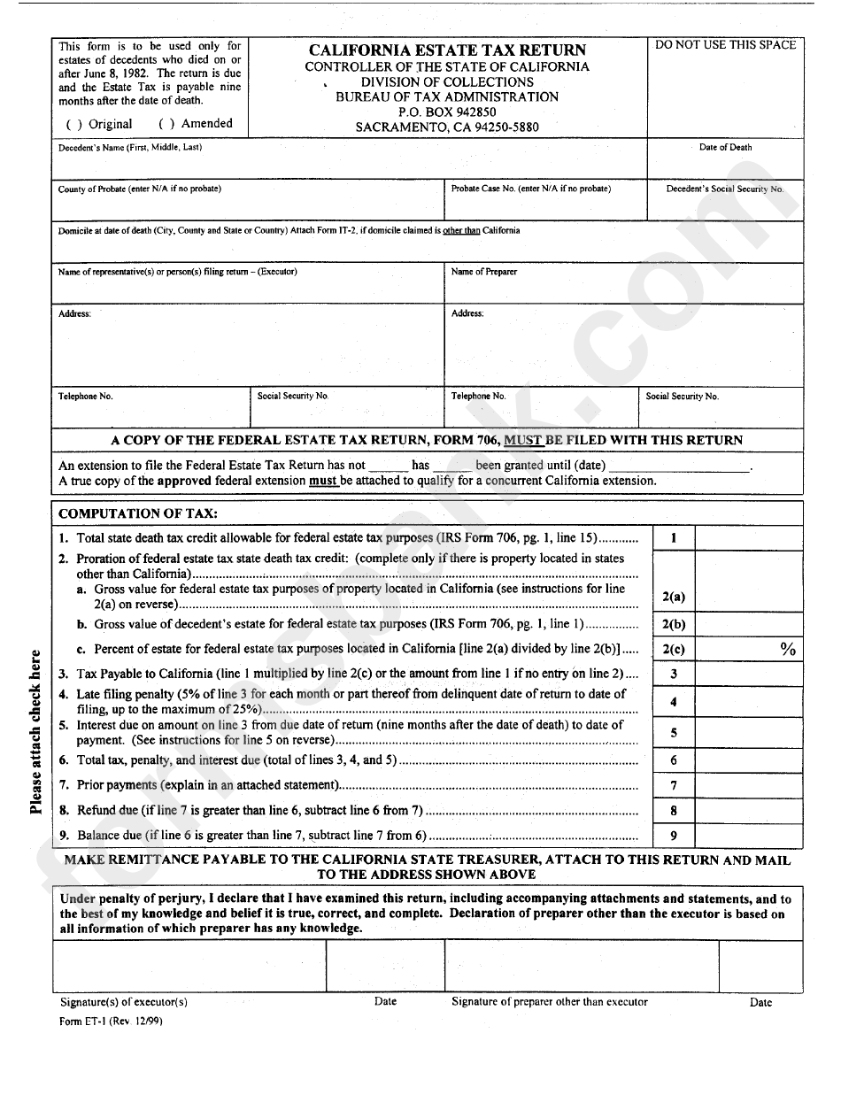 Form Et1 California Estate Tax Return Bureau Of Tax And