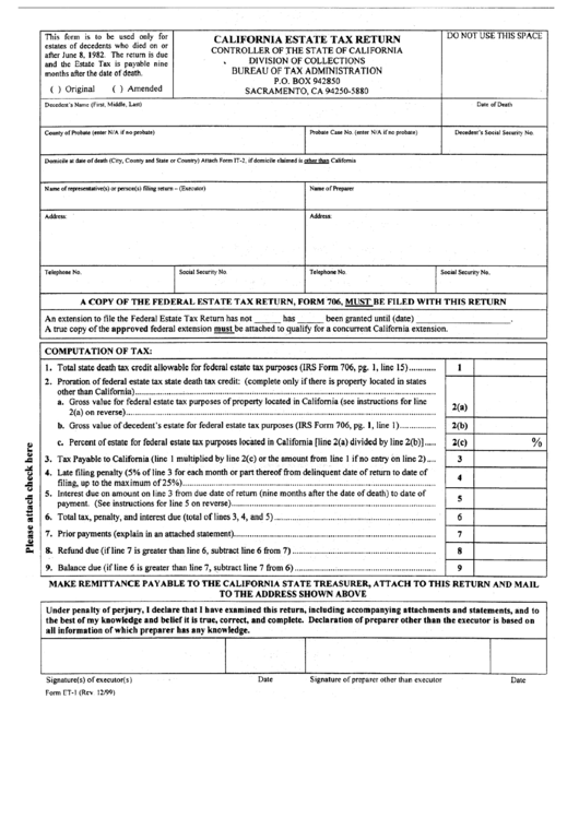 Form Et-1 - California Estate Tax Return - Bureau Of Tax And Administration Printable pdf