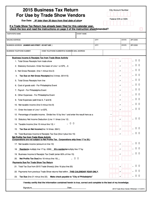 Business Tax Return For Use By Trade Show Vendors - 2015 Printable pdf