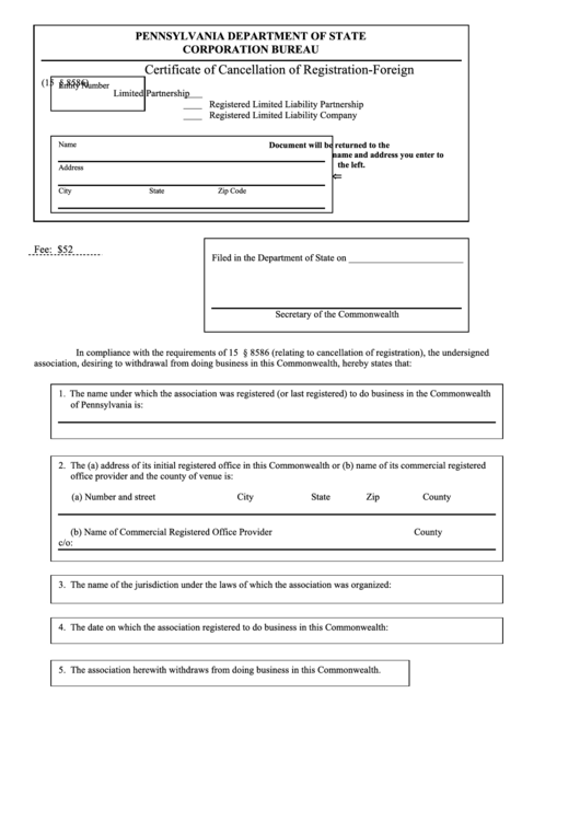 Fillable Form Dscb:15-8586-2 - Certificate Of Cancellation Of Registration-Foreign Printable pdf
