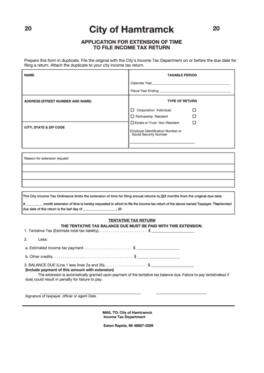 Application For Extension Of Time To File Income Tax Return Form - City Of Hamtramck Printable pdf